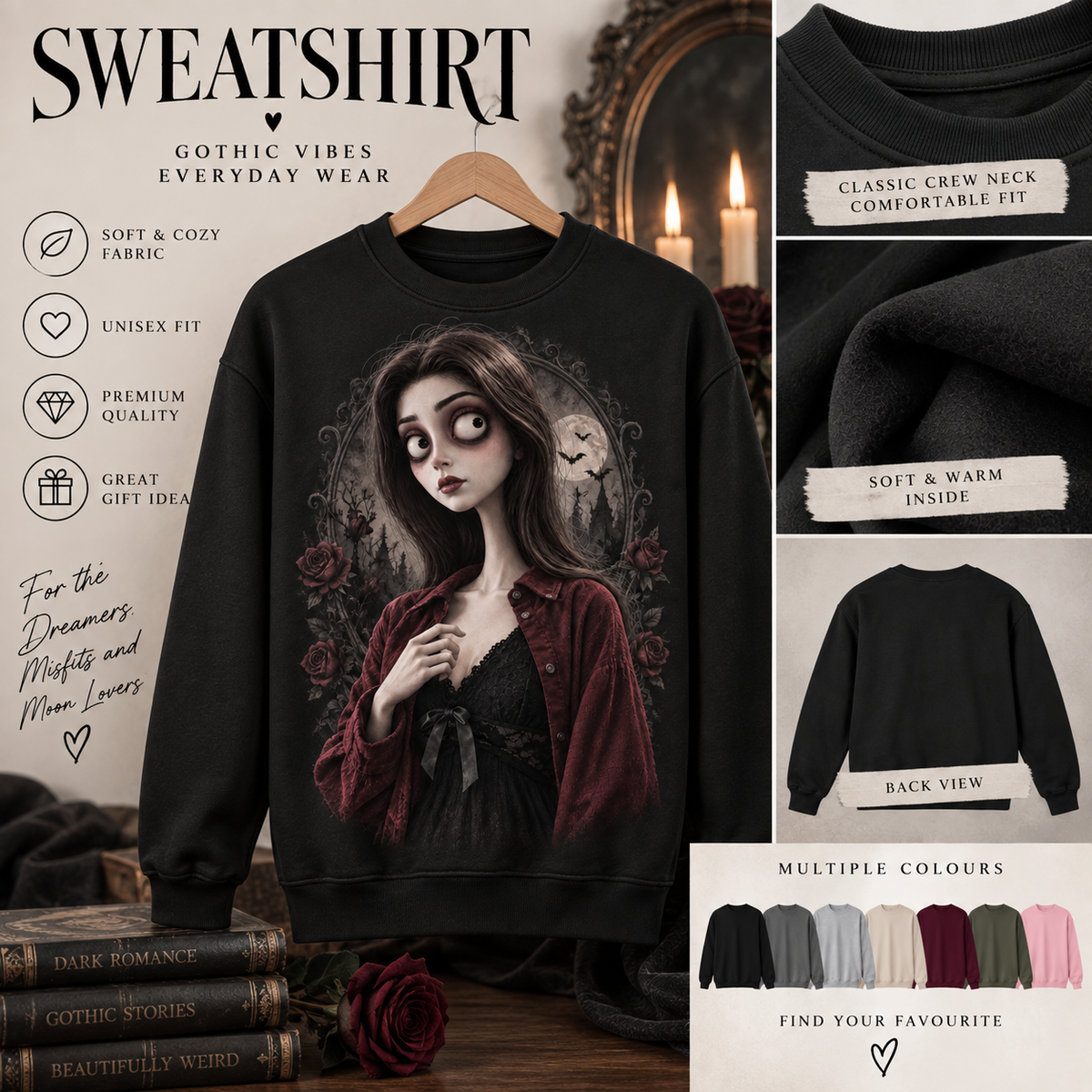 Custom Tim Burton Gothic Character Sweatshirt: Personalized Photo Art (100% Polyester Fleece)